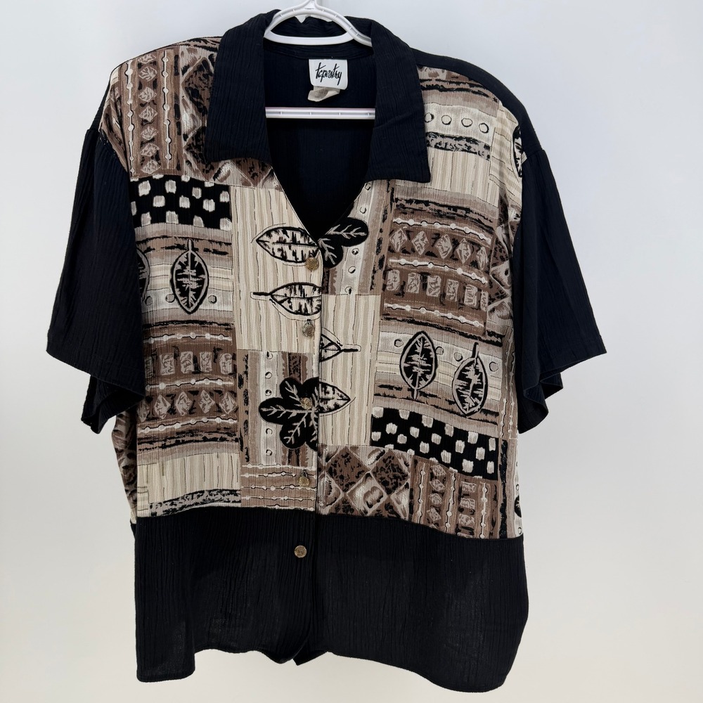 Tapestry Button Down Shirt Womens 3X Black Brown Vintage 90s Abstract Art Resort